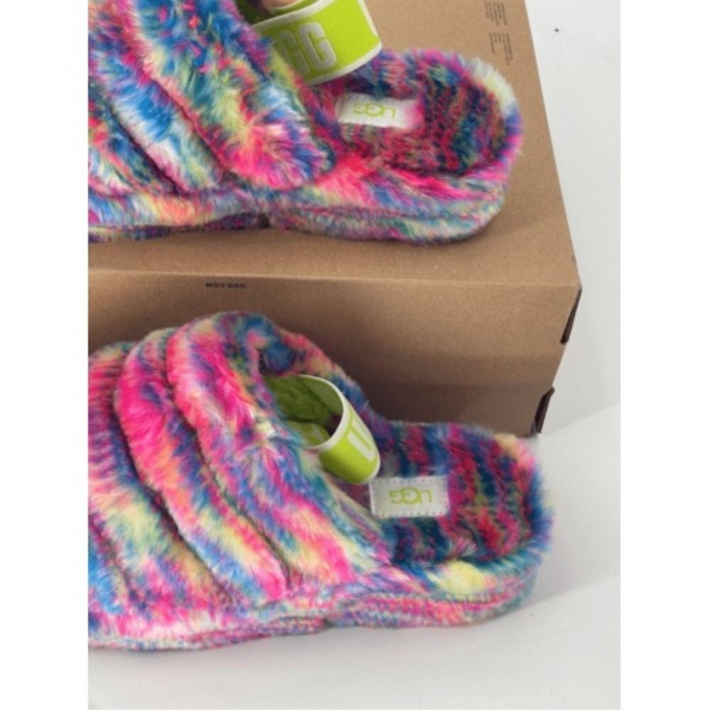 UGG Slippers Women 6 Rainbow Fluff Yeah Pixelate Faux Fur New‎ - Picture 3 of 8